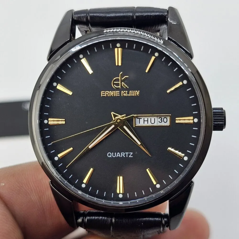 38MM Men’s Ernie Klein Watch Black Dial Day‎ Date Indicators Black Leather Bands